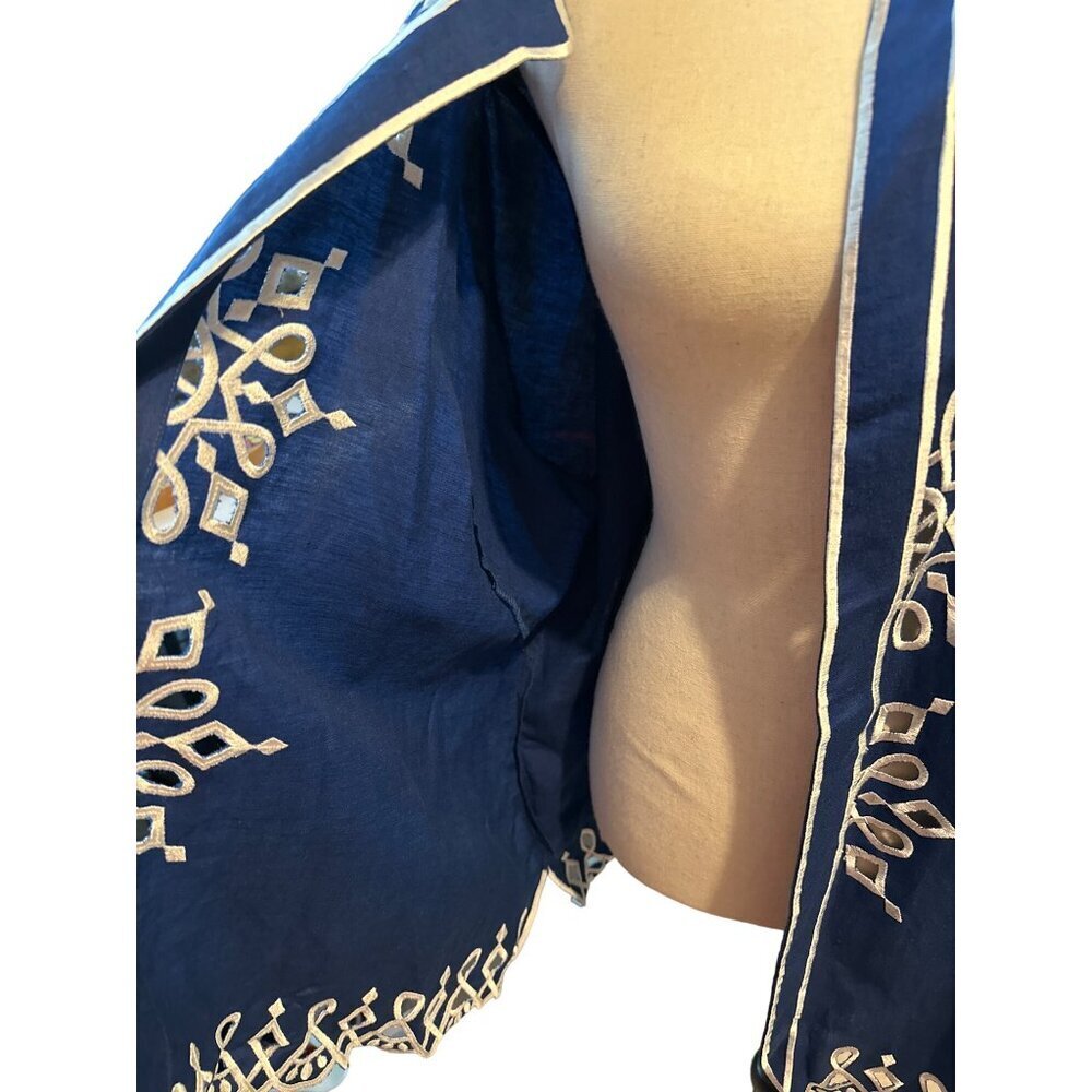Bob Mackie Blue Linen Blend Jacket Open White Embroidered Hem & Cuffs Size 2X - Picture 2 of 6